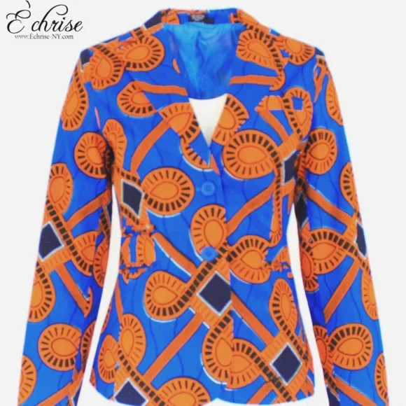 NWT Geometric African Print Blazer - B1473 Blue & Orange - Picture 1 of 4